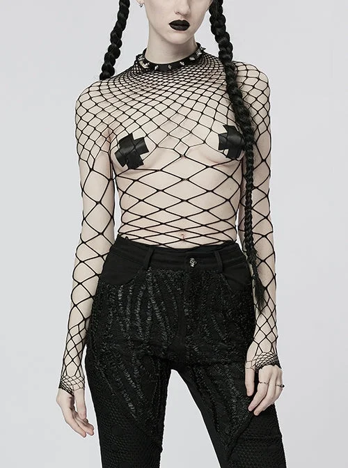 Black Long Sleeve Big Net Bodysuit ONE SIZE Stylish Plunging Neck Bodysuit