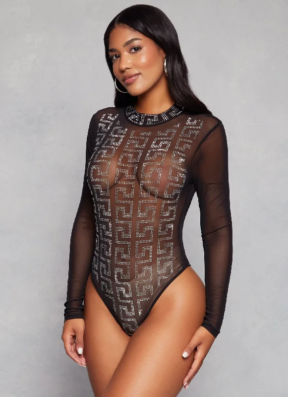 Mesh Greek Key Rhinestone Long Sleeve Bodysuit Stylish Mock Neck Bodysuit