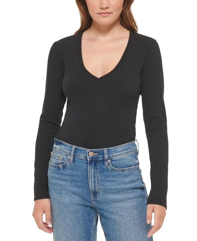 Calvin Klein Jeans Petite Long Sleeve Deep V Neck Bodysuit Trendy Bodysuit with Back Tie