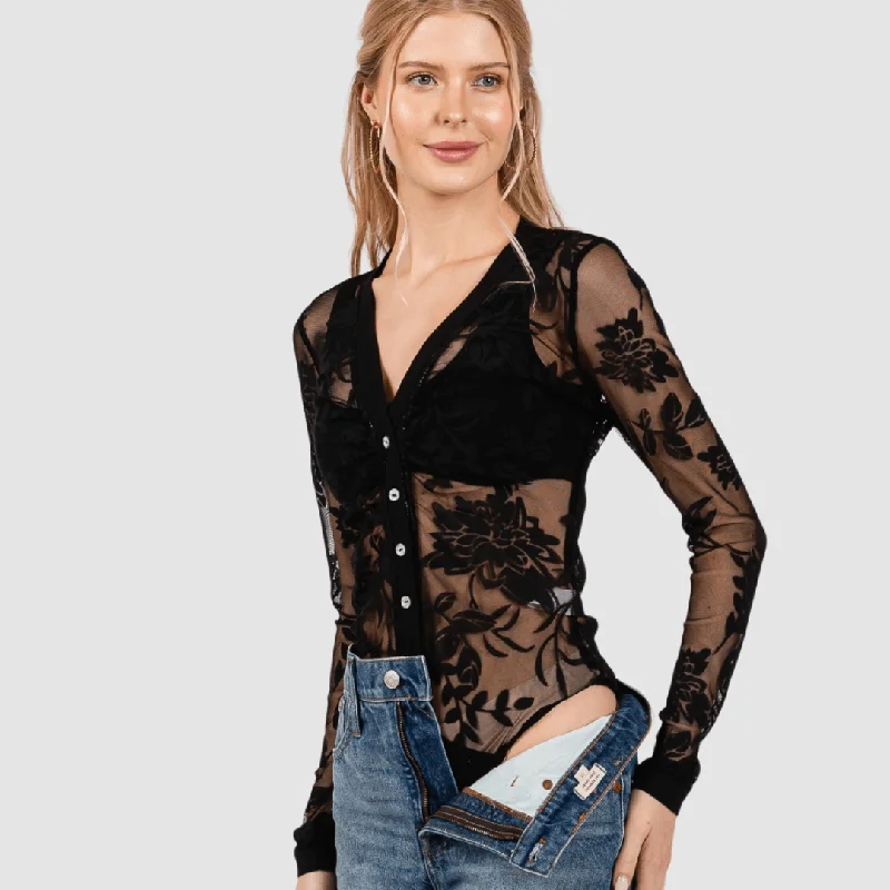 Floral Lace Sheer Bodysuit in Black Made in USA Trendy Off-Shoulder Bodysuit