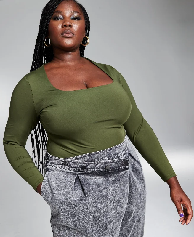 Googoo Atkins Trendy Plus Size Square Neckline Long Sleeve Bodysuit Comfortable Ruffled Bodysuit