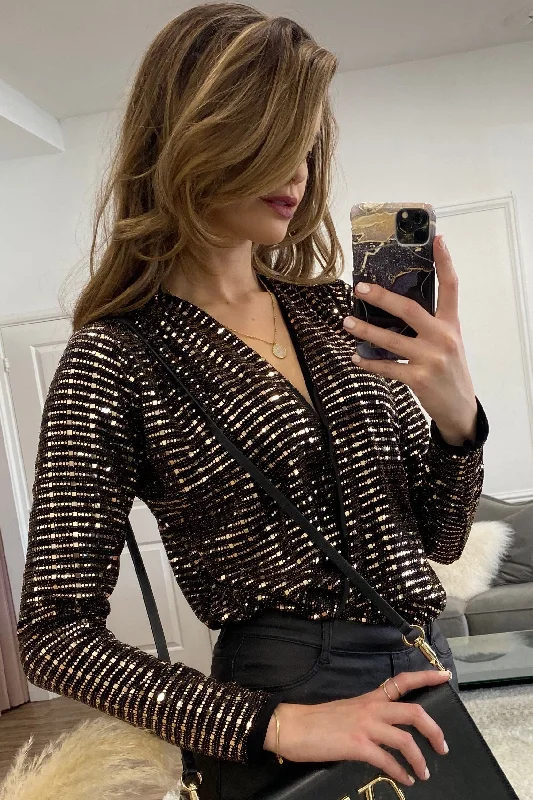 KARIS BLACK/GOLD SEQUIN LONG SLEEVED WRAP OVER BODYSUIT TOP Fashionable Embellished Bodysuit