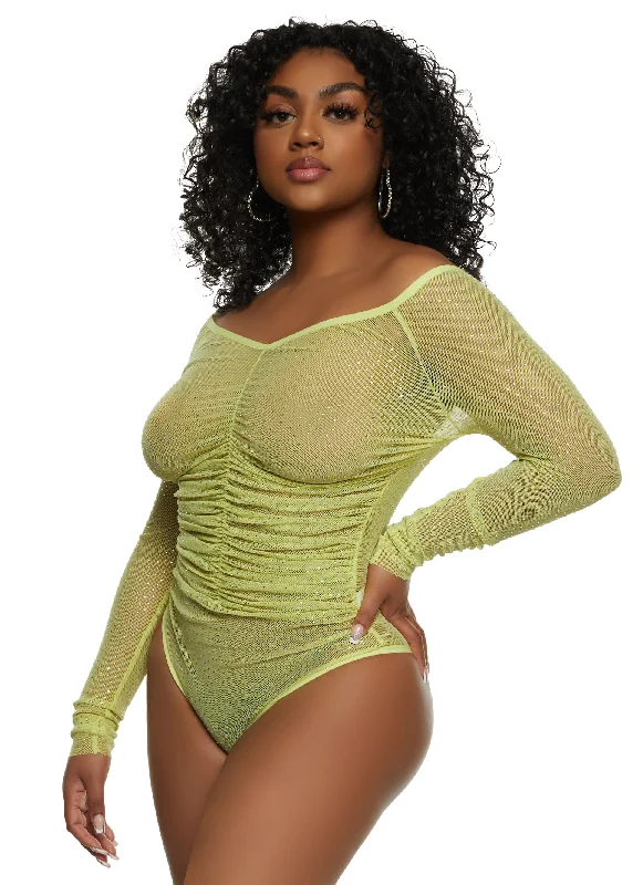 Iris Rhinestone Mesh Ruched Front Bodysuit Trendy Bodysuit with Frills