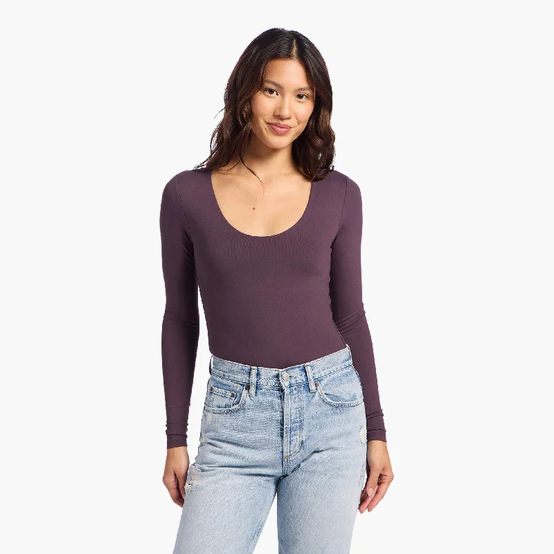 Long Sleeve Scoop Neck Bodysuit | Plum Comfortable Spaghetti Strap Bodysuit