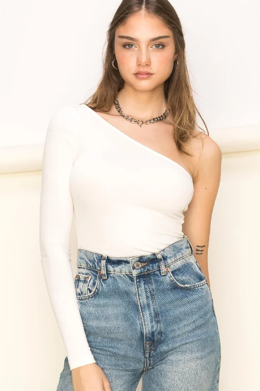 Off White One-Shoulder Bodysuit Trendy Sleeveless Bodysuit