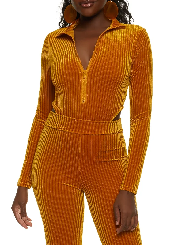 Velvet Burnout Half Zip High Cut Bodysuit Stylish Bodysuit with Faux Fur