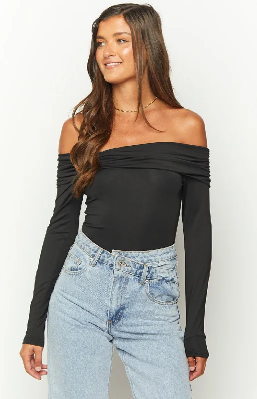 Phoenix Black Off Shoulder Bodysuit Comfortable Full-Sleeve Bodysuit