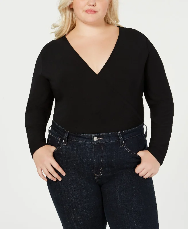 Plus Size Surplice Long Sleeve Bodysuit Trendy Sheer Lace Bodysuit