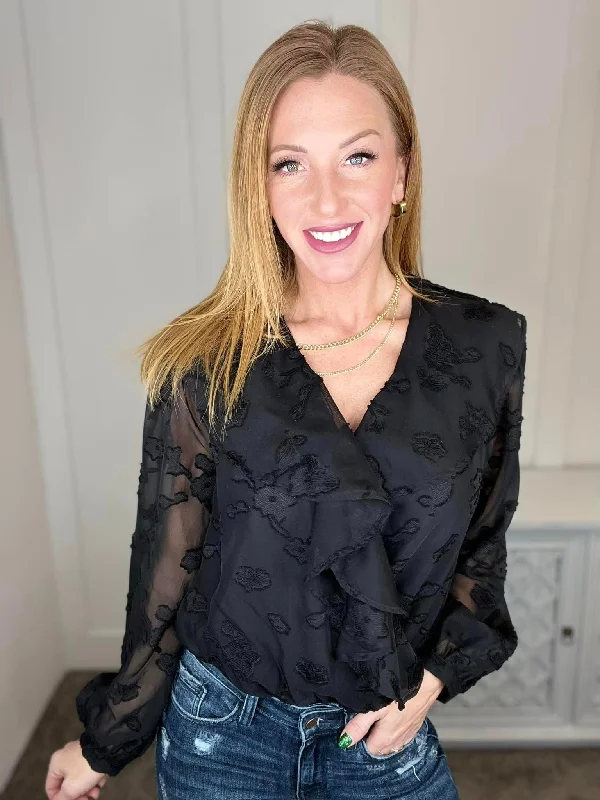 Hazel Blues® | Think Of Me Ruffle Long Sleeve Bodysuit in Black Comfortable Ribbed Bodysuit