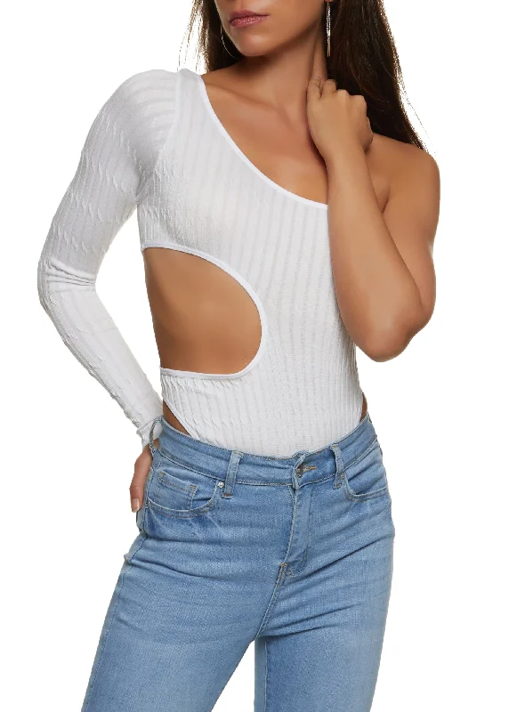 Textured Knit One Shoulder High Cut Seamless Bodysuit Stylish Bodysuit with Cross Front