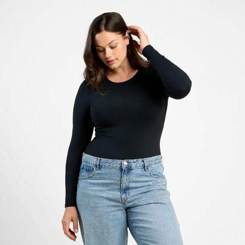 Long Sleeve Crewneck Bodysuit | Black Elegant Halter Neck Bodysuit