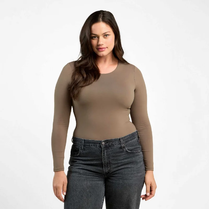 Long Sleeve Crewneck Bodysuit | Mocha Stylish Faux Leather Bodysuit