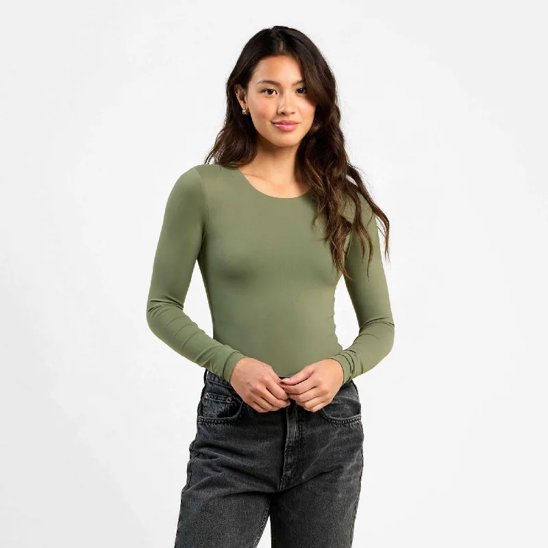 Long Sleeve Crewneck Bodysuit | Olive Elegant Bodysuit with Belt