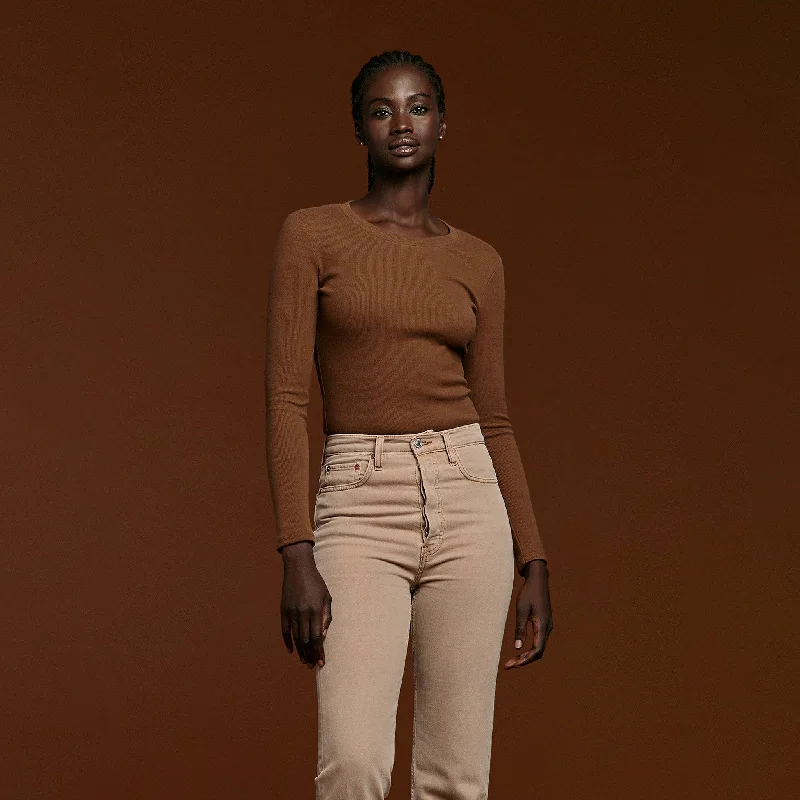 Long Sleeve Ribbed Crewneck Bodysuit | Chocolate Trendy Lace-Up Bodysuit