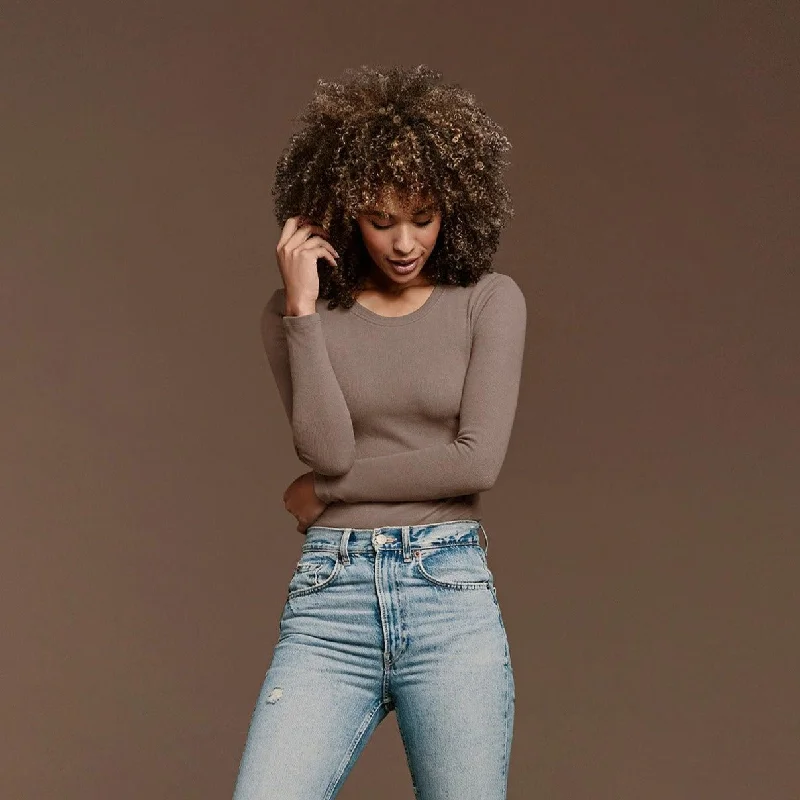 Long Sleeve Ribbed Crewneck Bodysuit | Mocha Fashionable Fitted Bodysuit