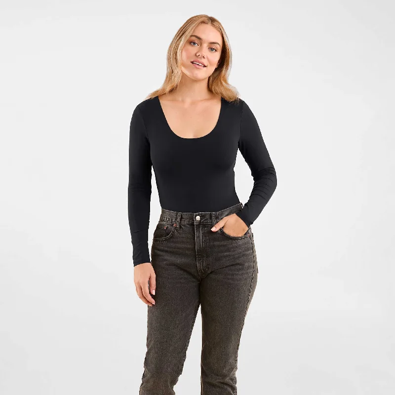 Long Sleeve Scoop Neck Bodysuit | Black Comfortable Velvet Bodysuit