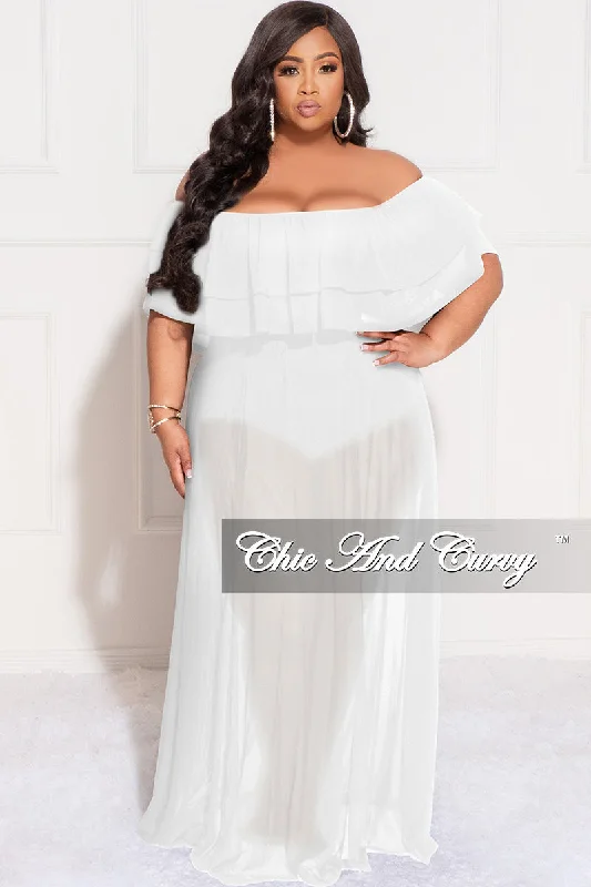 Final Sale Plus Size Off the Shoulder Mesh Ruffle Bodysuit Dress with Double Slits in White Stylish Bodysuit with Pockets
