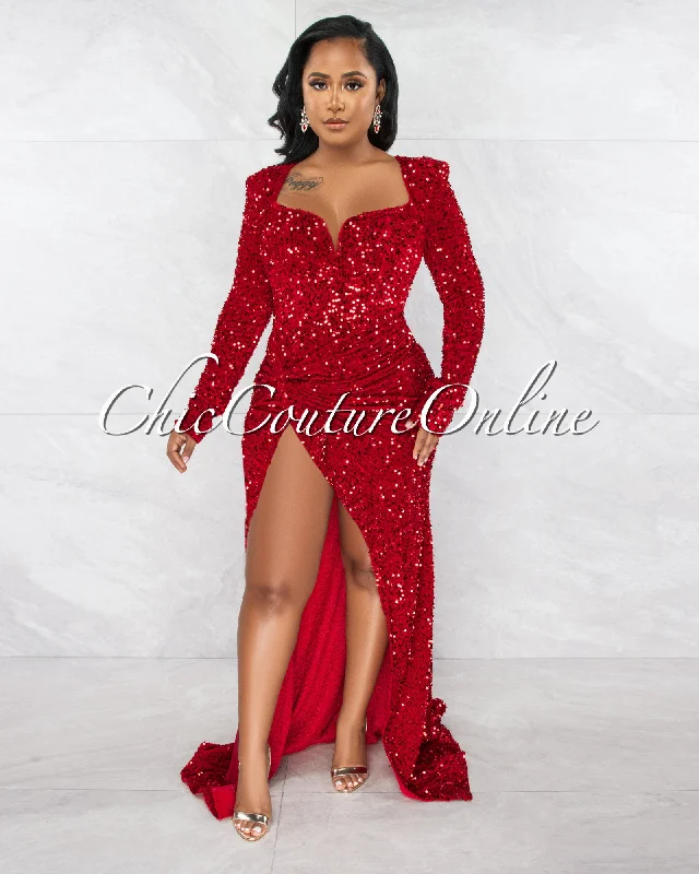 Violette Red Sequins Queen Anne Long Sleeves Bodysuit Maxi Dress Stylish Off-Shoulder Long Sleeve Bodysuit