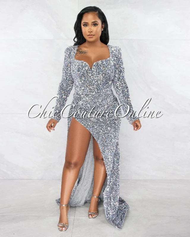Violette Silver Sequins Queen Anne Long Sleeves Bodysuit Maxi Dress Fashionable Bodysuit with Frill Detail