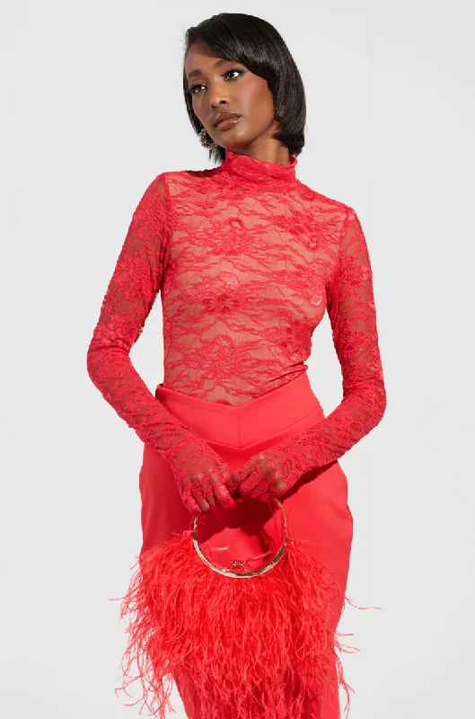 ALL THE ATTENTION LACE GLOVE BODYSUIT IN RED Stylish Bodysuit with Peplum