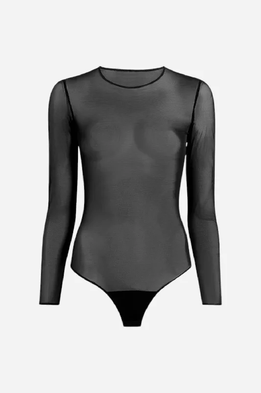 Commando Chic Mesh Long Sleeve Bodysuit in Black Trendy Activewear Bodysuit