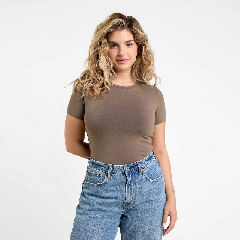 Cotton Stretch Short Sleeve Crewneck Bodysuit | Mocha Trendy Scoop Back Bodysuit