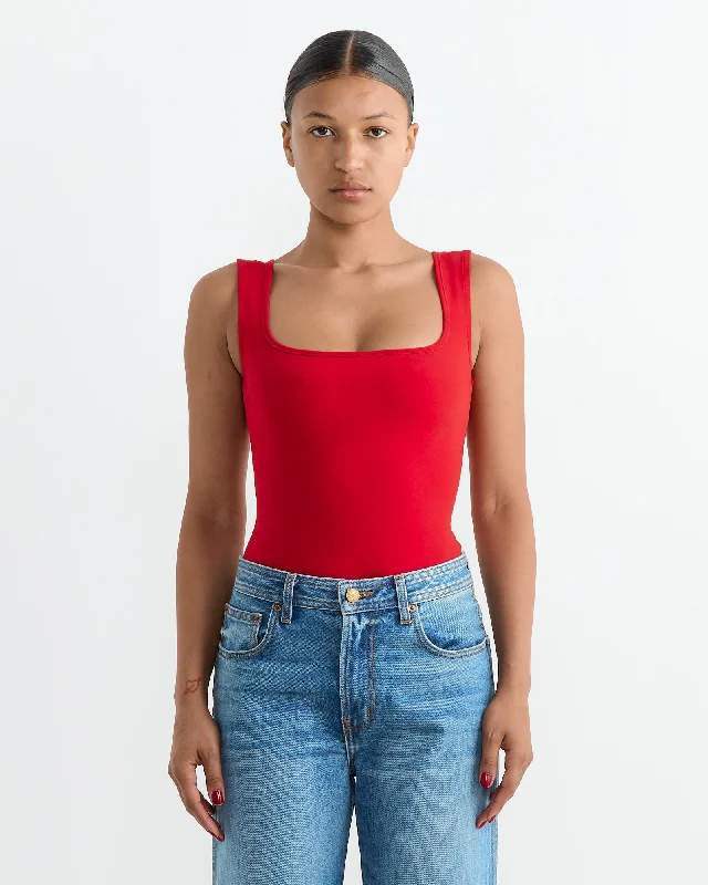 Nur Bodysuit in Red Comfortable Spaghetti Strap Bodysuit