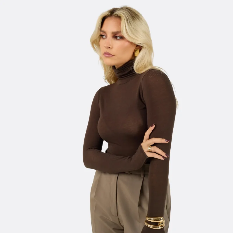 Belle Turtleneck Bodysuit - Brown Fashionable Bodysuit with Button Detail
