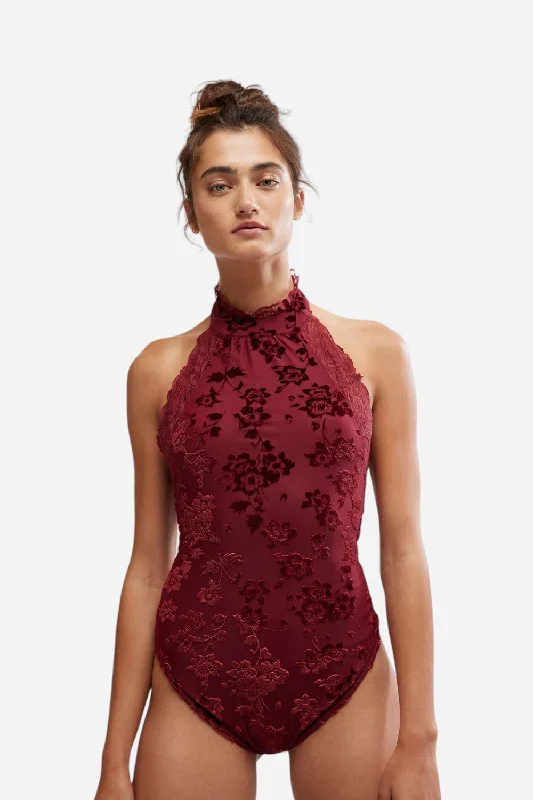 Free People Late Night Bodysuit in Wine Elegant Button-Up Bodysuit