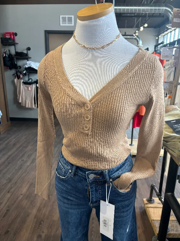 Molly Bracken beige knitted button bodysuit Chic Bodysuit with Ruffles