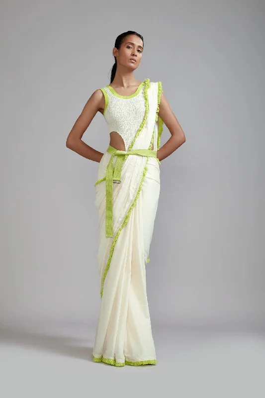 Offwhite with Neon Green Smocked Bodysuit Fashionable Bodysuit with Button Detail