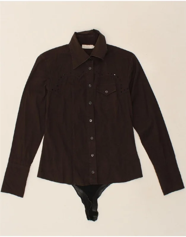 PINKO Womens Shirt Bodysuit UK 8 Small Brown Cotton Comfortable Ruffled Bodysuit