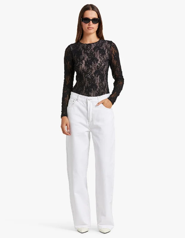 Lace Bodysuit - Black Trendy Sheer Lace Bodysuit