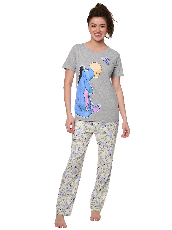 Disney Eeyore Butterfly T-Shirt w/ Floral Watercolor Pajama Pants Women' s Set Zippered Buttoned Snapped