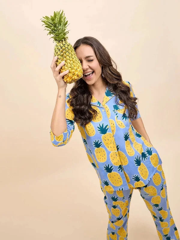 Shirt Pyjama Set in Blue and Yellow Pineapple Print Zippered Front Buttoned Front Snap Front