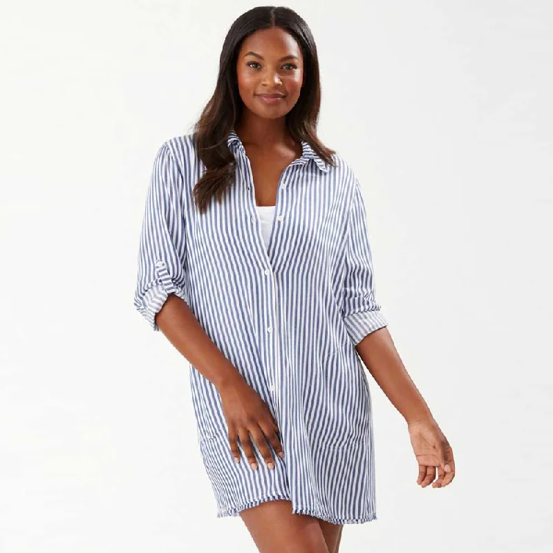 Tommy Bahama Chambray Stripe Bf Shirt Cover Up - Chambray* Mesh Blend Leather Blend Suede Blend