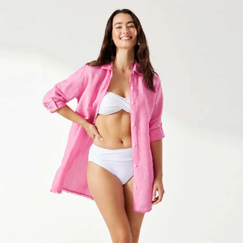 Tommy Bahama St Lucia Boyfriend Shirt Cover Up - Preppy Pink* Collared Crew Neck Turtle Neck