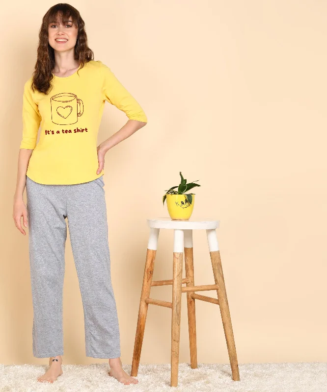 Women Printed 3-4U T.Shirt & Pyjama Co-Ord Set Fitted T-Shirt Seamless Stretchy