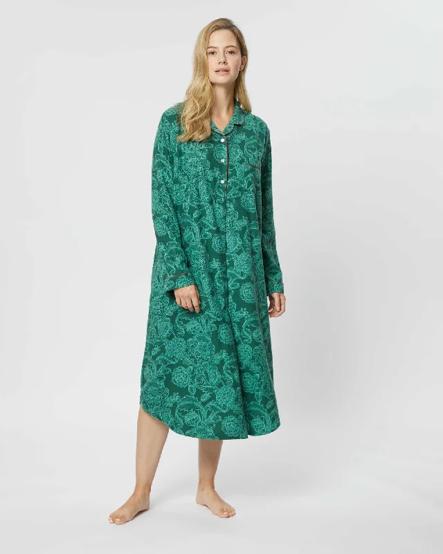 Women's Brushed Cotton Nightshirt - Paisley Flower Green Notch Collar Peter Pan Collar Cowl Neck