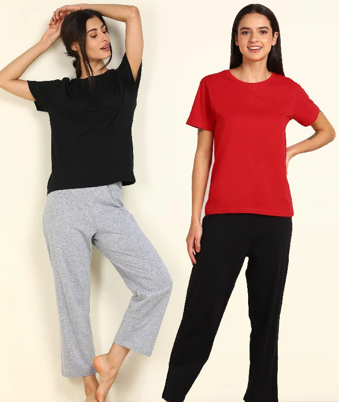 Women T-shirt & Pyjama Set Pure Soft Cotton - Combo Set Hooded Caped Shawl Collar
