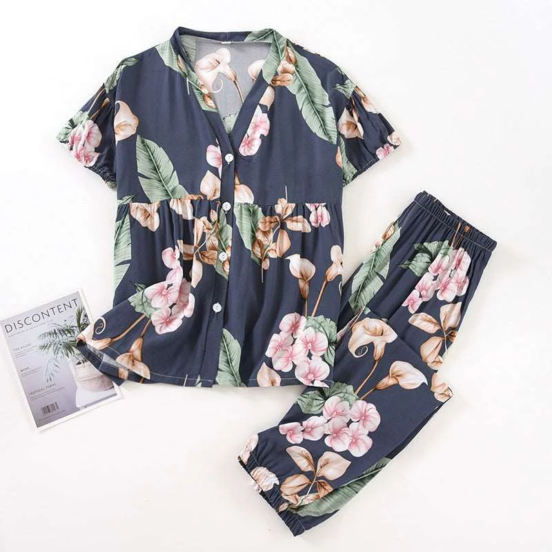 Women's Short Sleeved V-neck Shirt and Pants Thin Pajamas Set Elasticated Padded Insulated