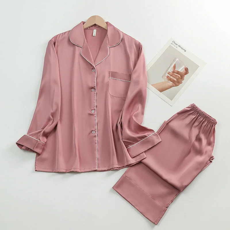 Women's Silk Lapel Collar Long Sleeved Shirt and Pants Pajamas Set Collared T-Shirt Boat Neck A-Line