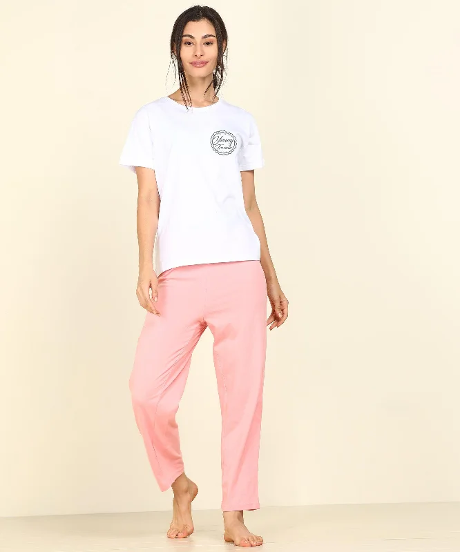 Women Printed T-shirt & Pyjama Set Pure Soft Cotton Front Pockets Side Pockets Patch Pockets