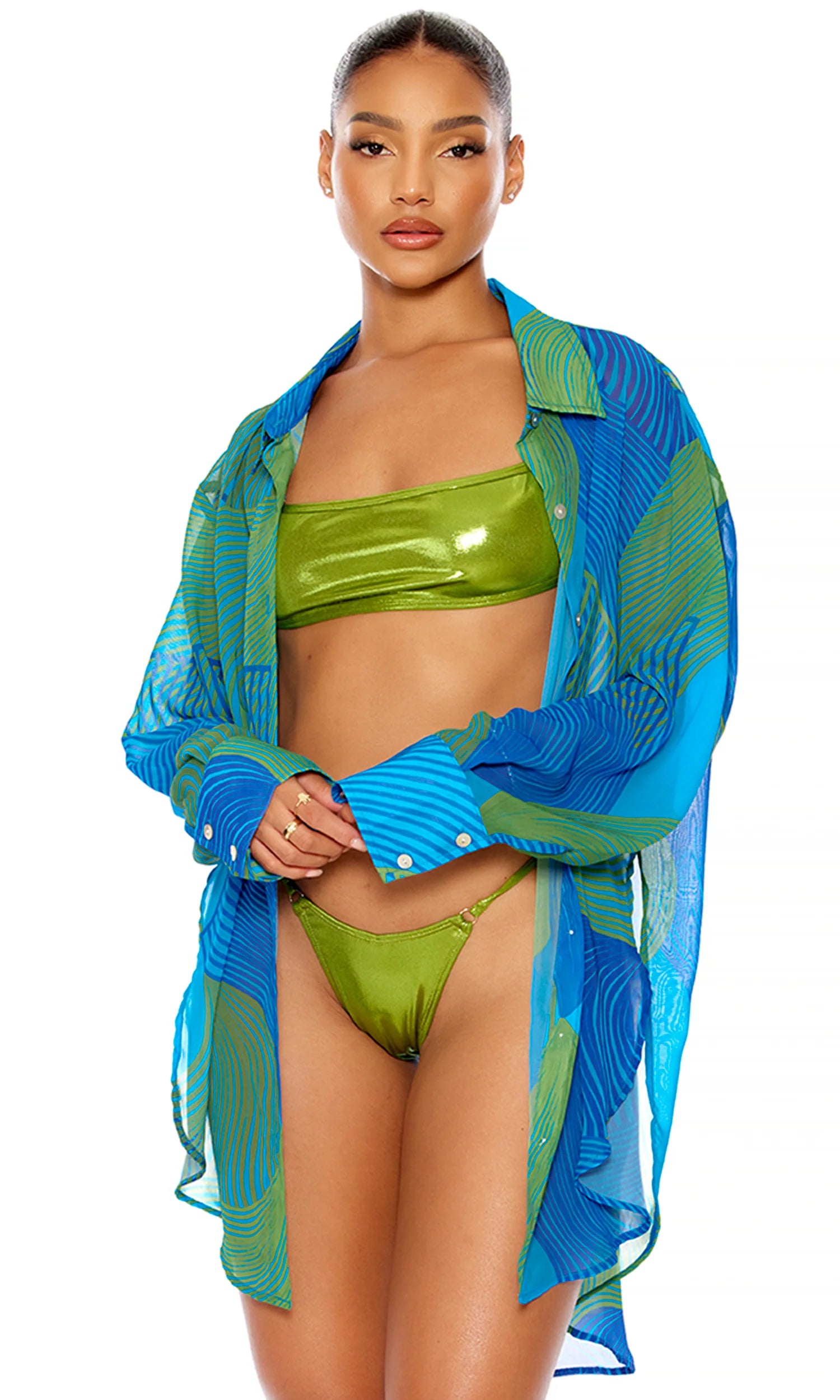 Yucatan Chiffon Button Up Pool Shirt In Teal Wave - Forplay Casual Formal Business