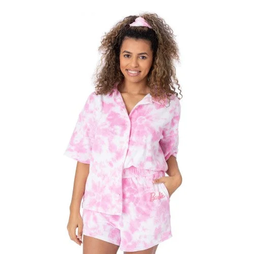 Barbie Womens/Ladies Tie Dye Towelling T-Shirt & Shorts Set Notch Collar Peter Pan Collar Cowl Neck