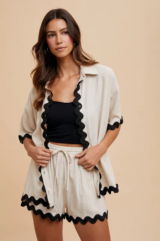 Beige Ric Rac Trim Detailed Shirt and Shorts Set Terry Blend Velvet Blend Canvas Blend