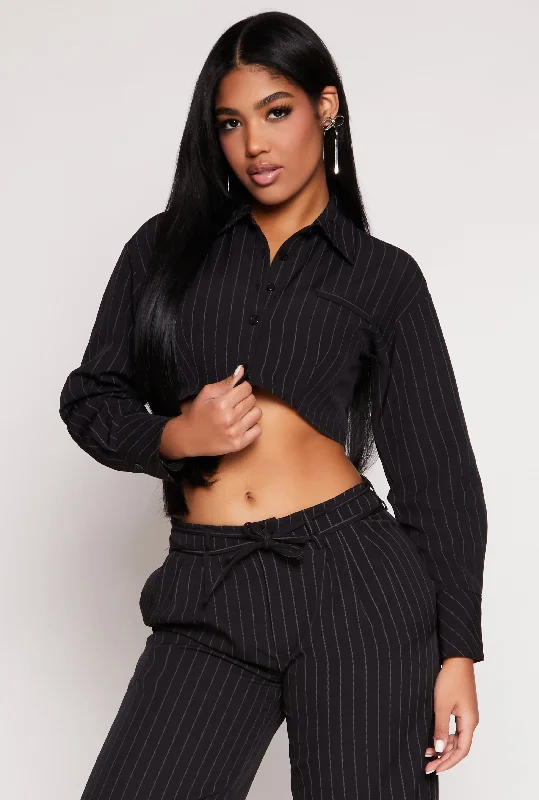 Pinstripe Cropped Shirt Print Jacquard Patchwork