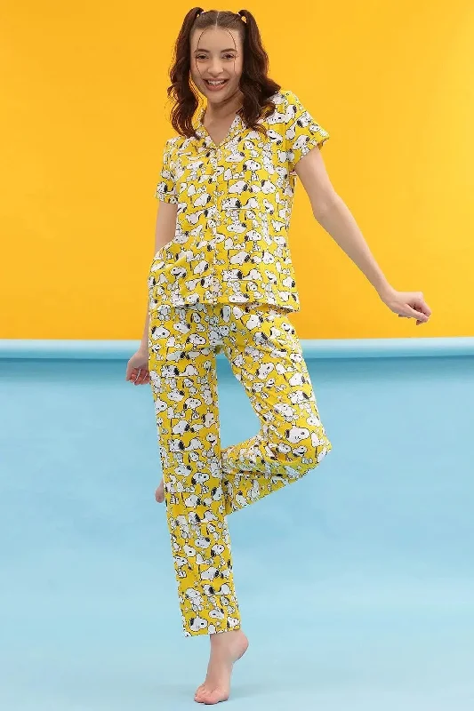 Clovia Peanuts Snoopy Print Button Down Shirt & Pyjama Set in Light Yellow - 100% Cotton Casual Formal Business