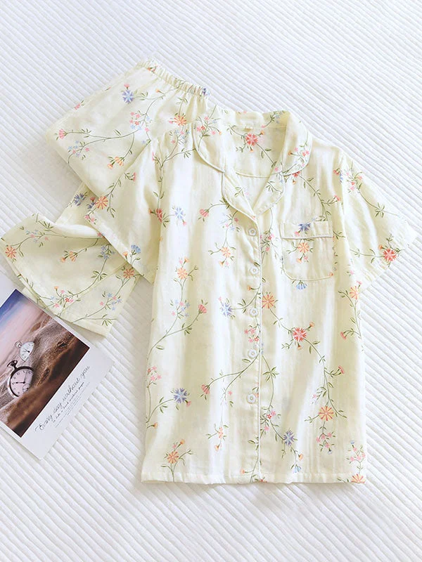 Flower Print Shirt Long Pants Pajmas Set V-Neck T-Shirt Long Sleeve Cotton