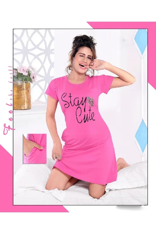 Women Cotton Long Tshirt Pink Nighty Polka Dot Checkered Tartan